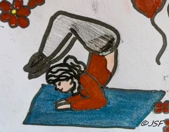 Ruth Stalker-Firth in Pincha Mayurasana, original drawing by Jasmine Stalker-Firth
